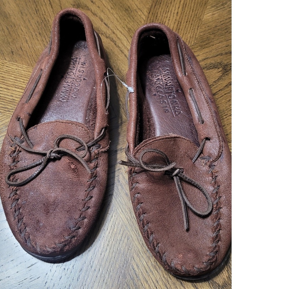 Minnetonka Leather Moccasins Brown Whipstitch Slip On Driving Loafers Mens 7